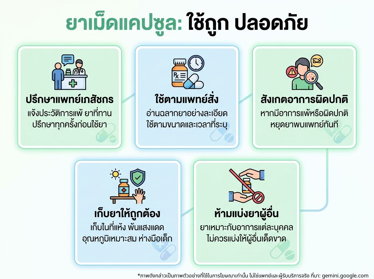 ภาพแสดงยาเม็ดและแคปซูลหลายชนิดพร้อมคำเตือนที่ระบุว่า 'กินยาให้หมดตามที่แพทย์สั่ง' และ 'หยุดยาได้เมื่ออาการดีขึ้น' เพื่ออธิบายการใช้ยาที่ถูกต้อง