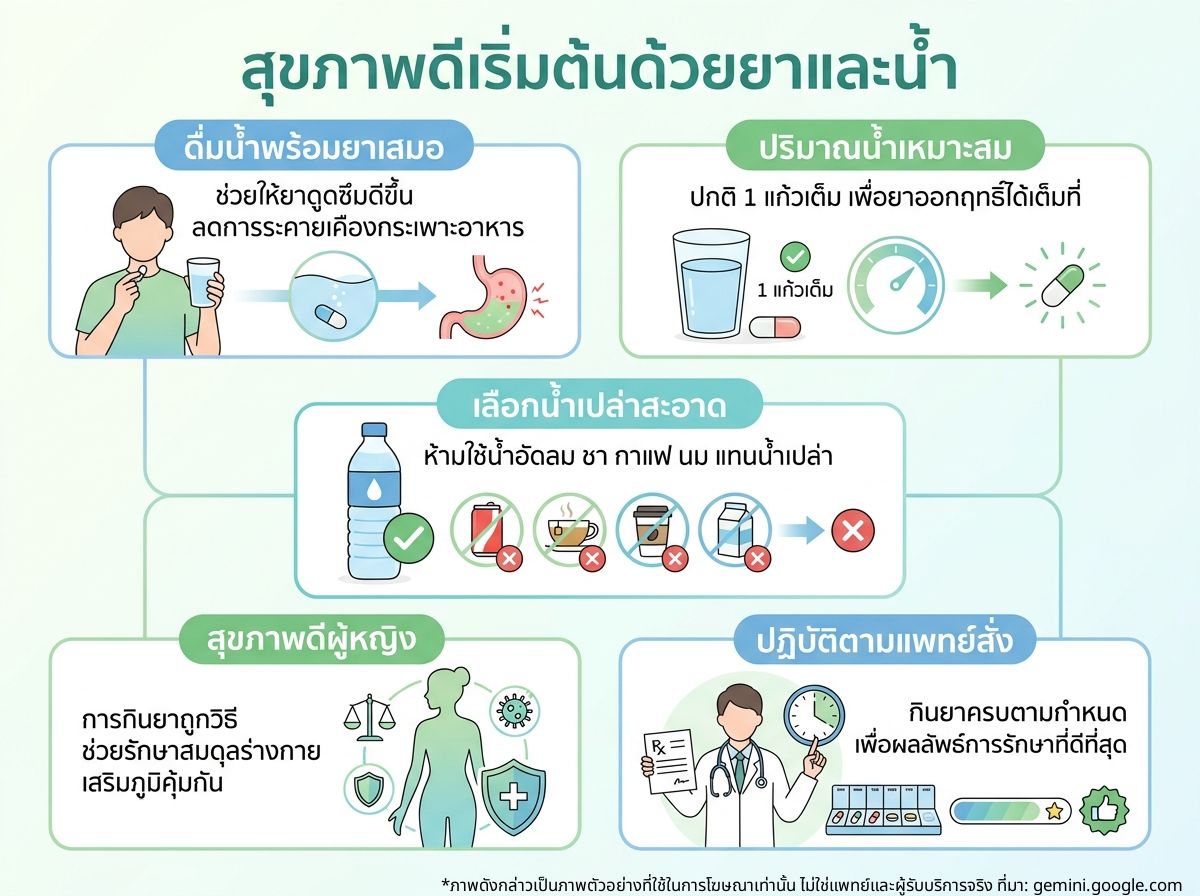 ผู้หญิงกำลังกินยาพร้อมแก้วน้ำเพื่อสุขภาพที่ดี