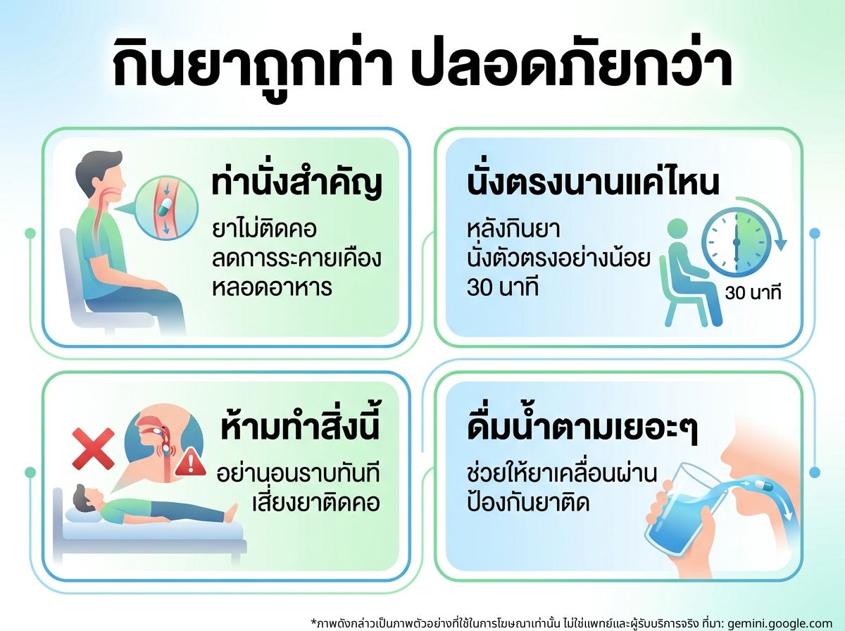 ผู้หญิงกำลังกินยาแล้วนั่งตัวตรงบนเตียงเพื่อป้องกันอันตรายหลังกินยา