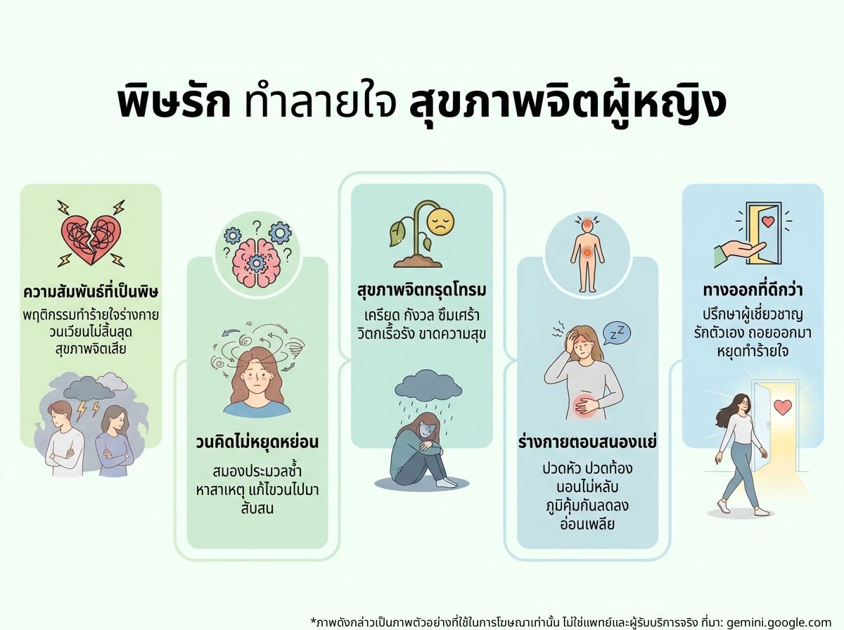 ผู้หญิงกำลังคิดมากถึงความสัมพันธ์ที่เป็นพิษและผลกระทบต่อสุขภาพจิต