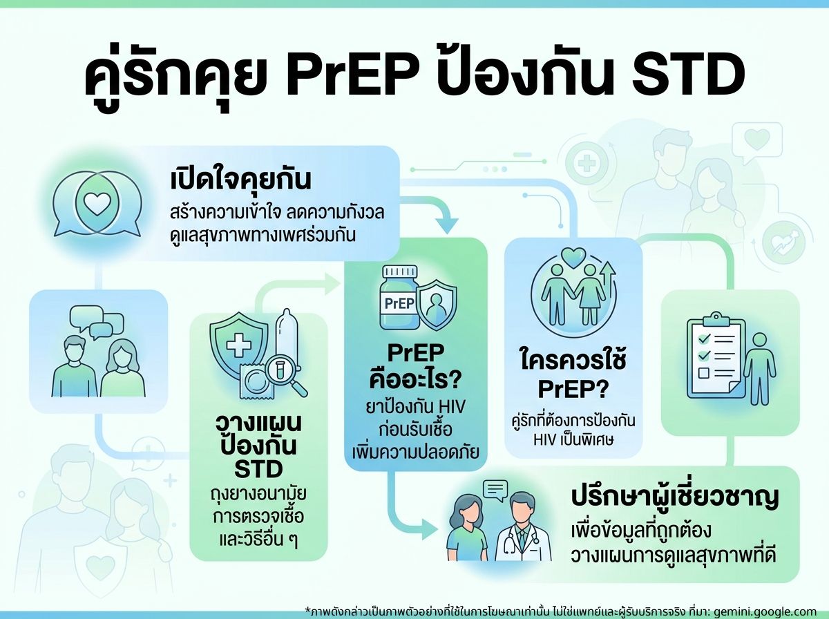 คู่รักหนุ่มสาวพูดคุยกันถึงเรื่องการป้องกันโรคติดต่อทางเพศสัมพันธ์และ PrEP