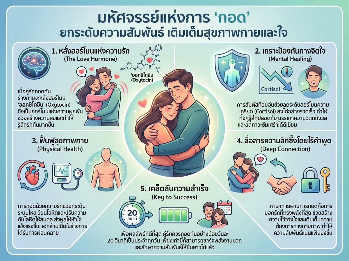 คู่รักกอดกันด้วยความรัก บ่งบอกถึงความสัมพันธ์ทางกายและสุขภาพจิตที่ดี