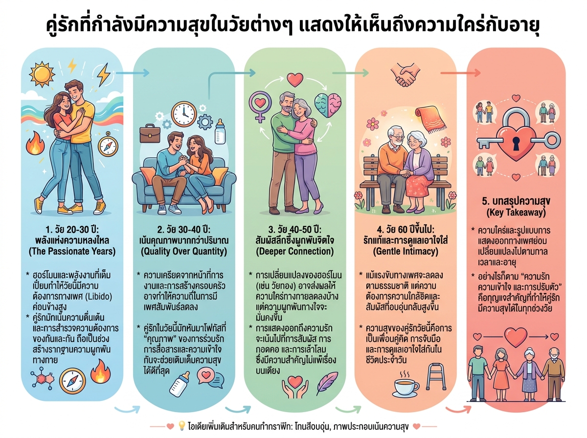 คู่รักที่กำลังมีความสุขในวัยต่างๆ แสดงให้เห็นถึงความใคร่กับอายุ