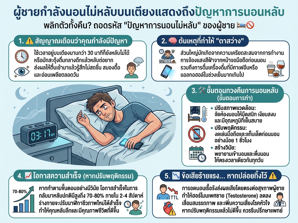 ผู้ชายกำลังนอนไม่หลับบนเตียงแสดงถึงปัญหาการนอนหลับ