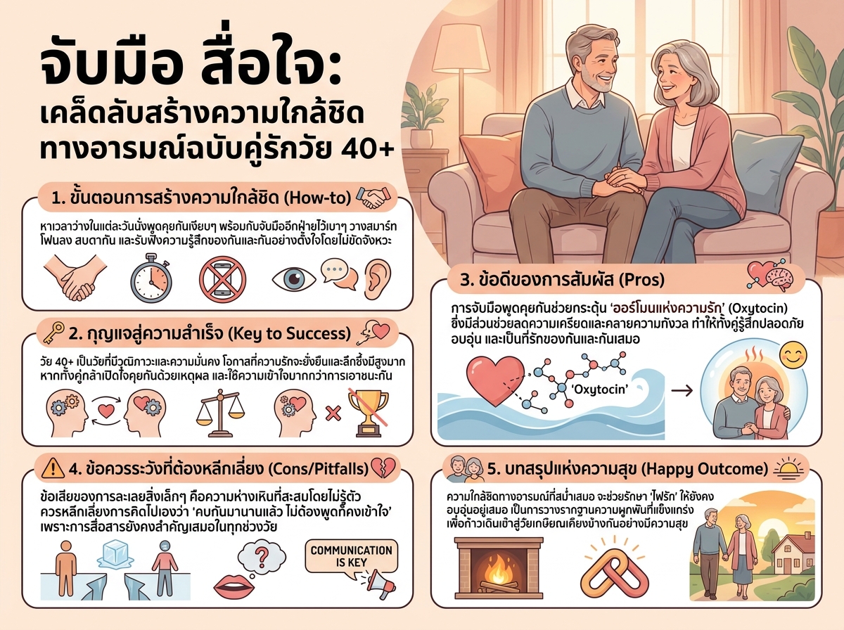 คู่รักวัย 40+ กำลังพูดคุยและจับมือกัน สื่อถึงความใกล้ชิดทางอารมณ์