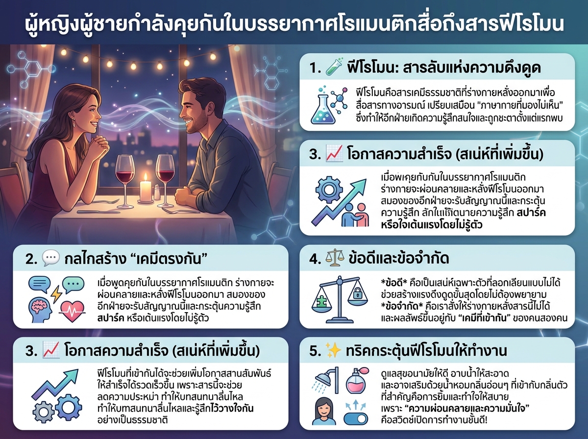 ผู้หญิงผู้ชายกำลังคุยกันในบรรยากาศโรแมนติกสื่อถึงสารฟีโรโมน