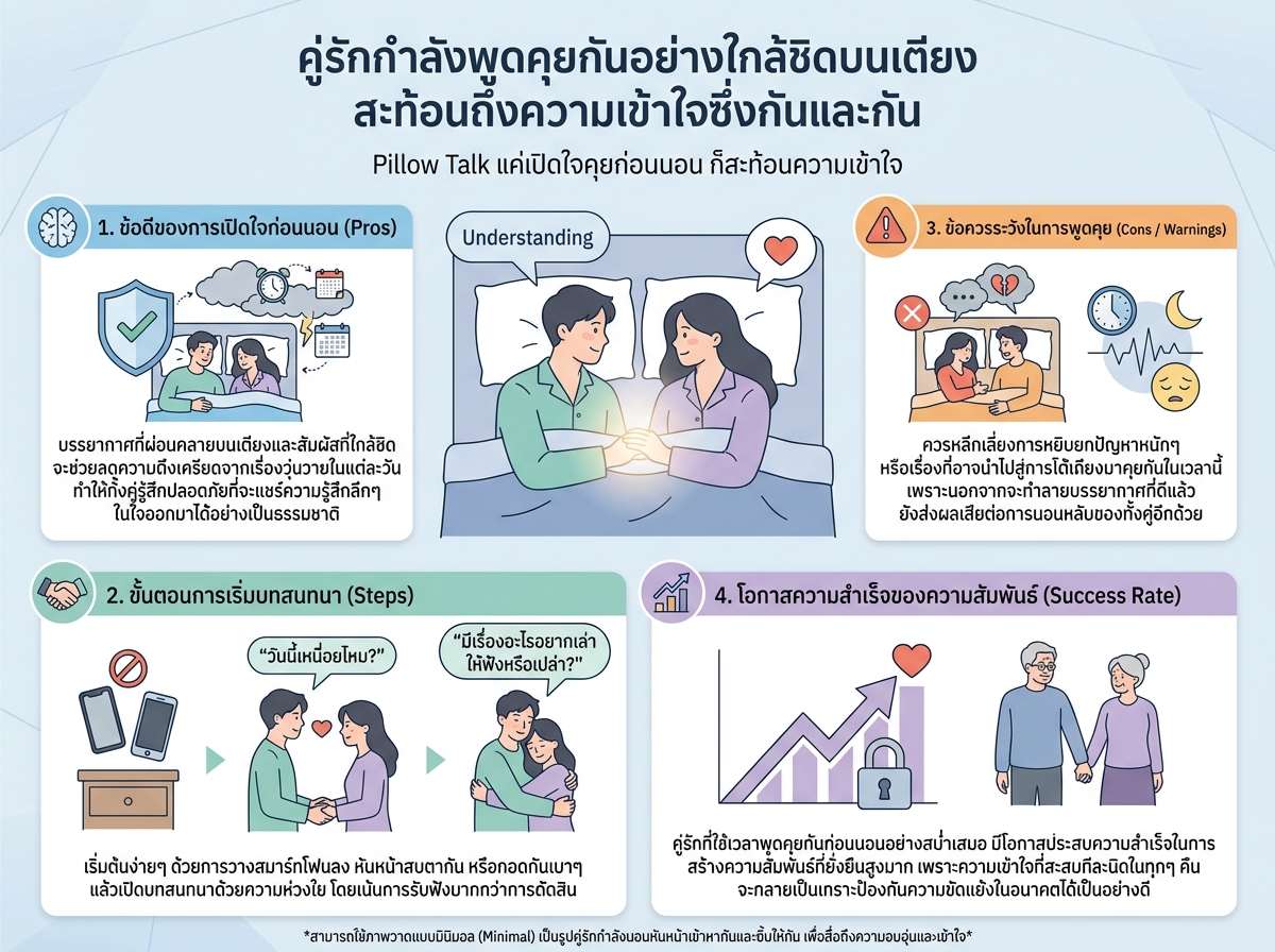 คู่รักกำลังพูดคุยกันอย่างใกล้ชิดบนเตียง สะท้อนถึงความเข้าใจซึ่งกันและกัน