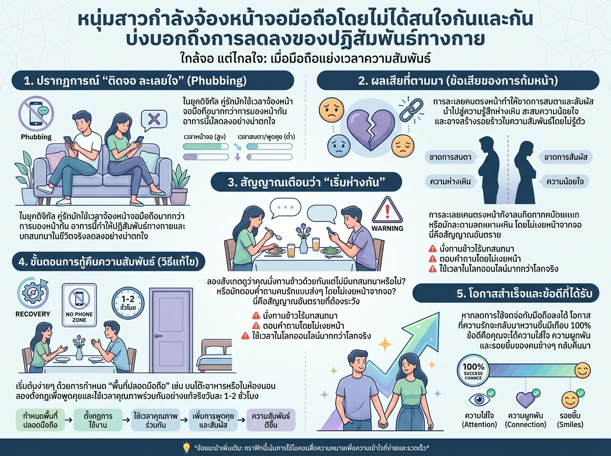 หนุ่มสาวกำลังจ้องหน้าจอมือถือโดยไม่ได้สนใจกันและกัน บ่งบอกถึงการลดลงของปฏิสัมพันธ์ทางกาย