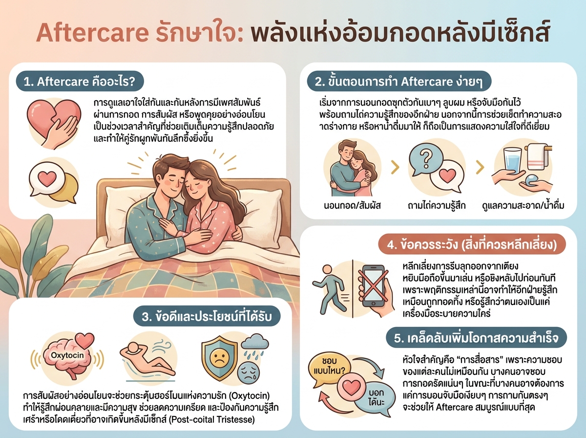 คู่รักกำลังกอดกันอย่างอ่อนโยนบนเตียงหลังมีเพศสัมพันธ์ แสดงถึง Aftercare และความผูกพันทางอารมณ์