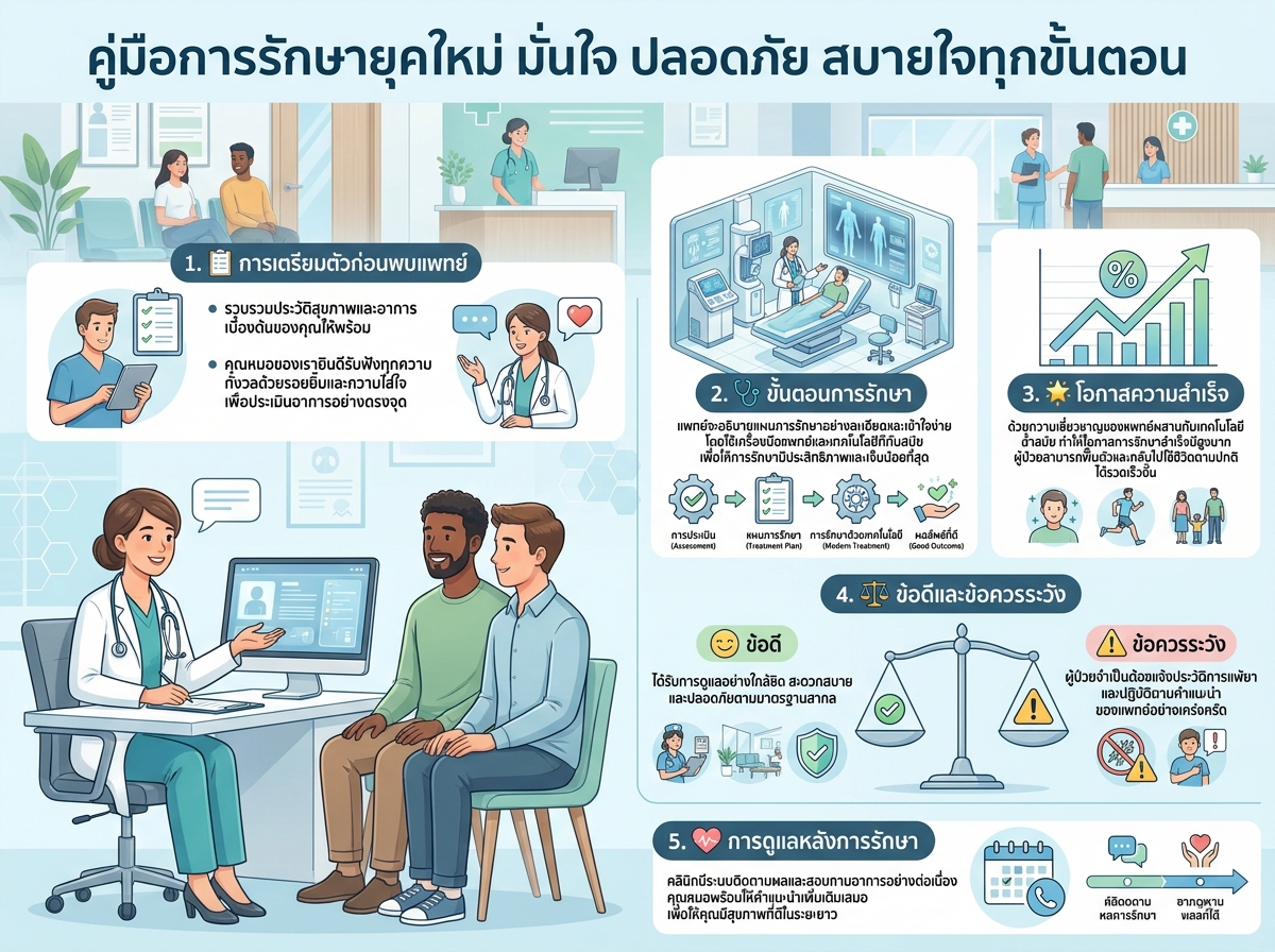 แพทย์กำลังให้คำปรึกษาผู้ป่วยด้วยรอยยิ้มในคลินิกที่ทันสมัย