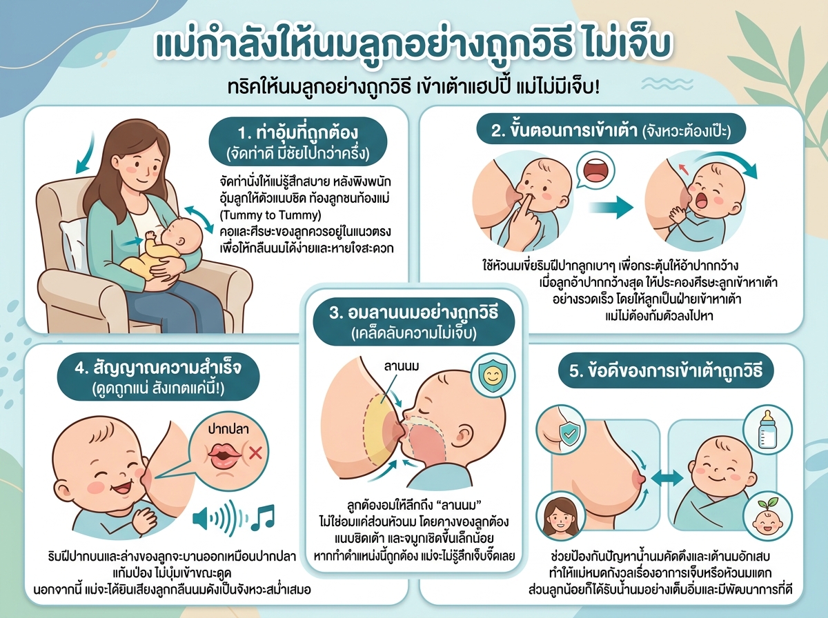 แม่กำลังให้นมลูกอย่างถูกวิธี ไม่เจ็บ