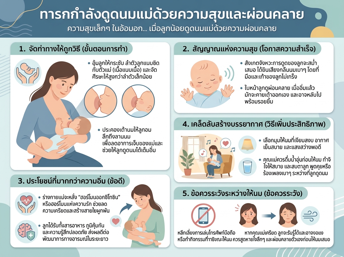 ทารกกำลังดูดนมแม่ด้วยความสุขและผ่อนคลาย