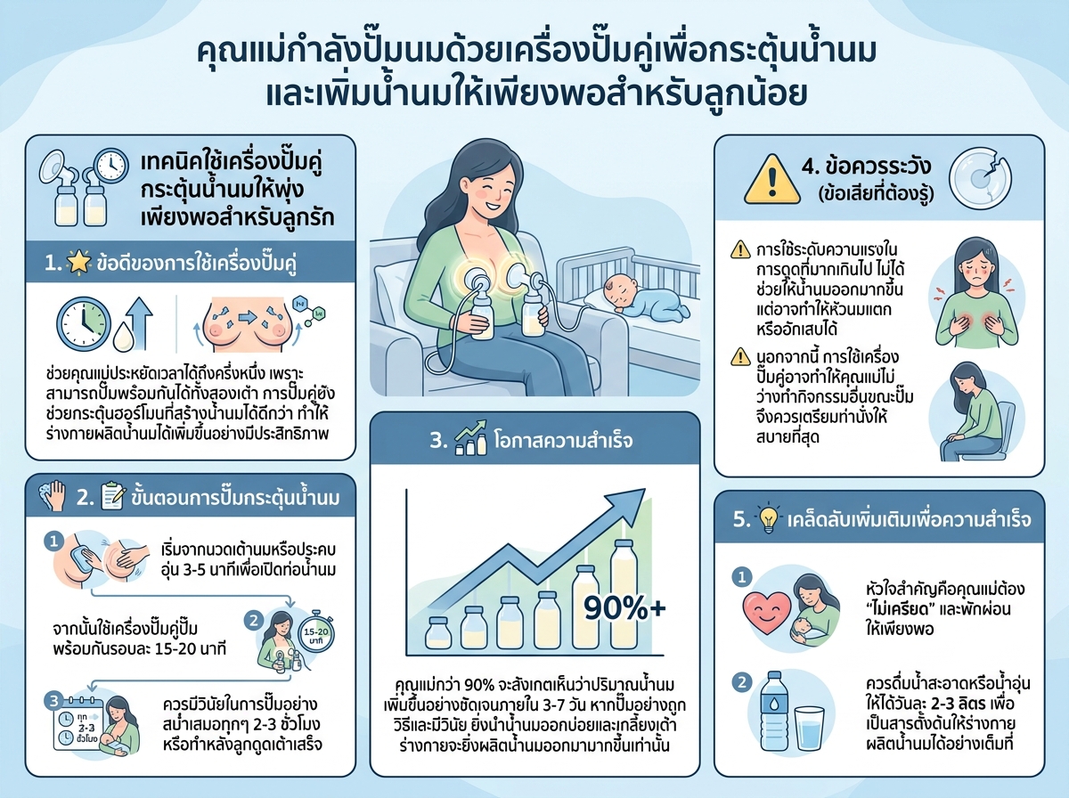 คุณแม่กำลังปั๊มนมด้วยเครื่องปั๊มคู่เพื่อกระตุ้นน้ำนมและเพิ่มน้ำนมให้เพียงพอสำหรับลูกน้อย