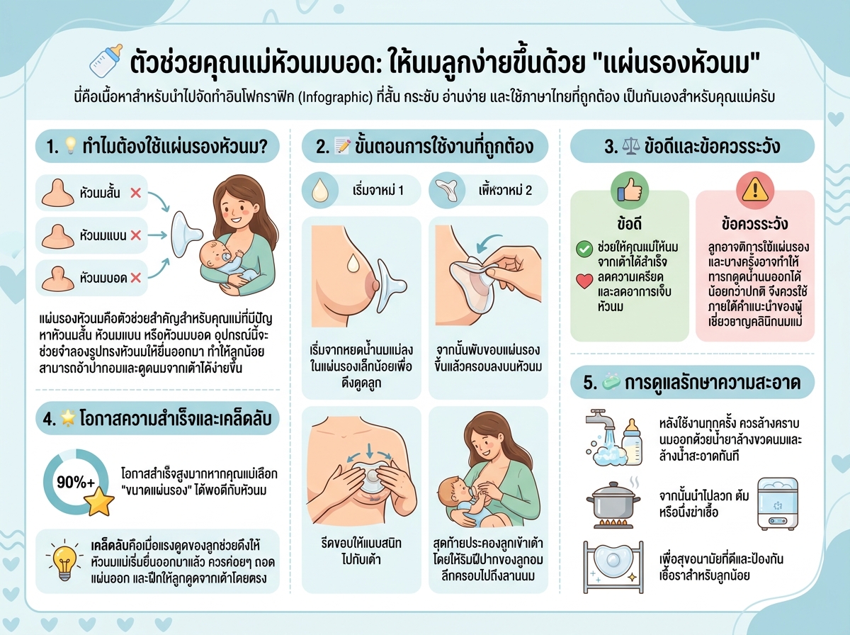 คุณแม่ให้นมลูกโดยใช้แผ่นรองหัวนมสำหรับหัวนมบอด