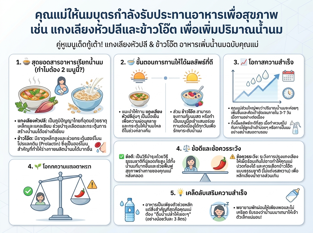 คุณแม่ให้นมบุตรกำลังรับประทานอาหารเพื่อสุขภาพ เช่น แกงเลียงหัวปลีและข้าวโอ๊ต เพื่อเพิ่มปริมาณน้ำนม