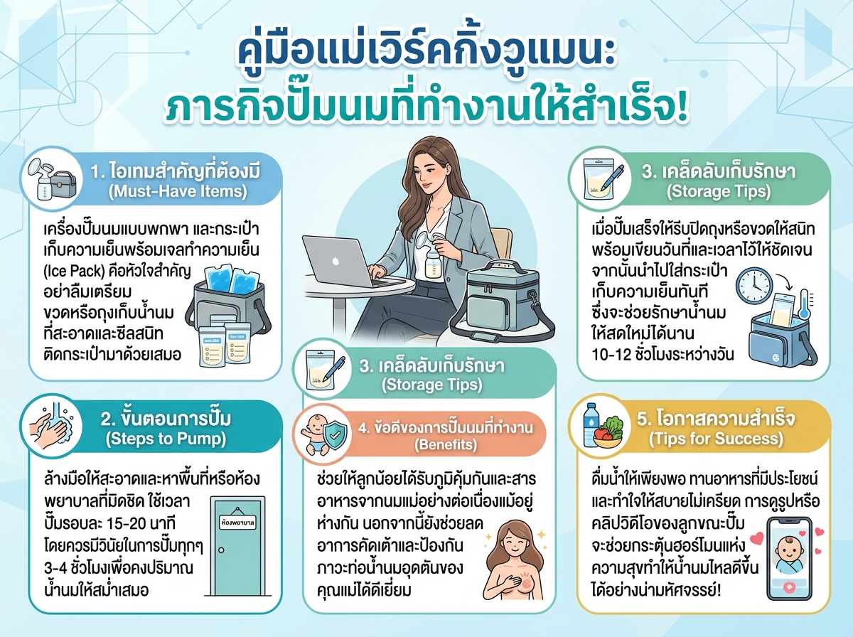 แม่ทำงานกำลังปั๊มนมในที่ทำงานพร้อมกระเป๋าเก็บความเย็น