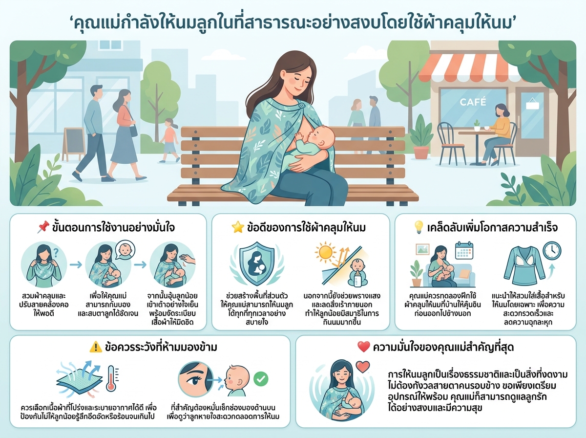 คุณแม่กำลังให้นมลูกในที่สาธารณะอย่างสงบโดยใช้ผ้าคลุมให้นม
