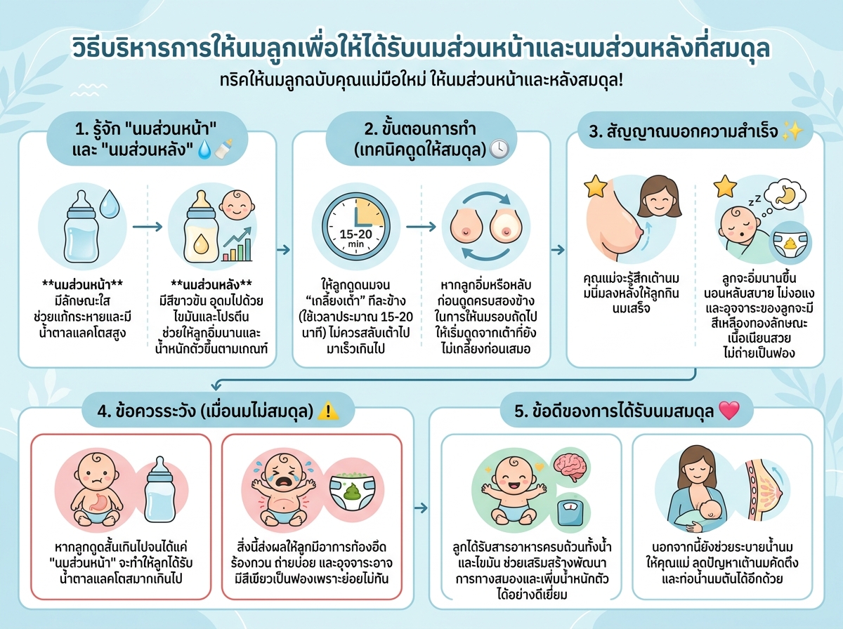 วิธีบริหารการให้นมลูกเพื่อให้ได้รับนมส่วนหน้าและนมส่วนหลังที่สมดุล