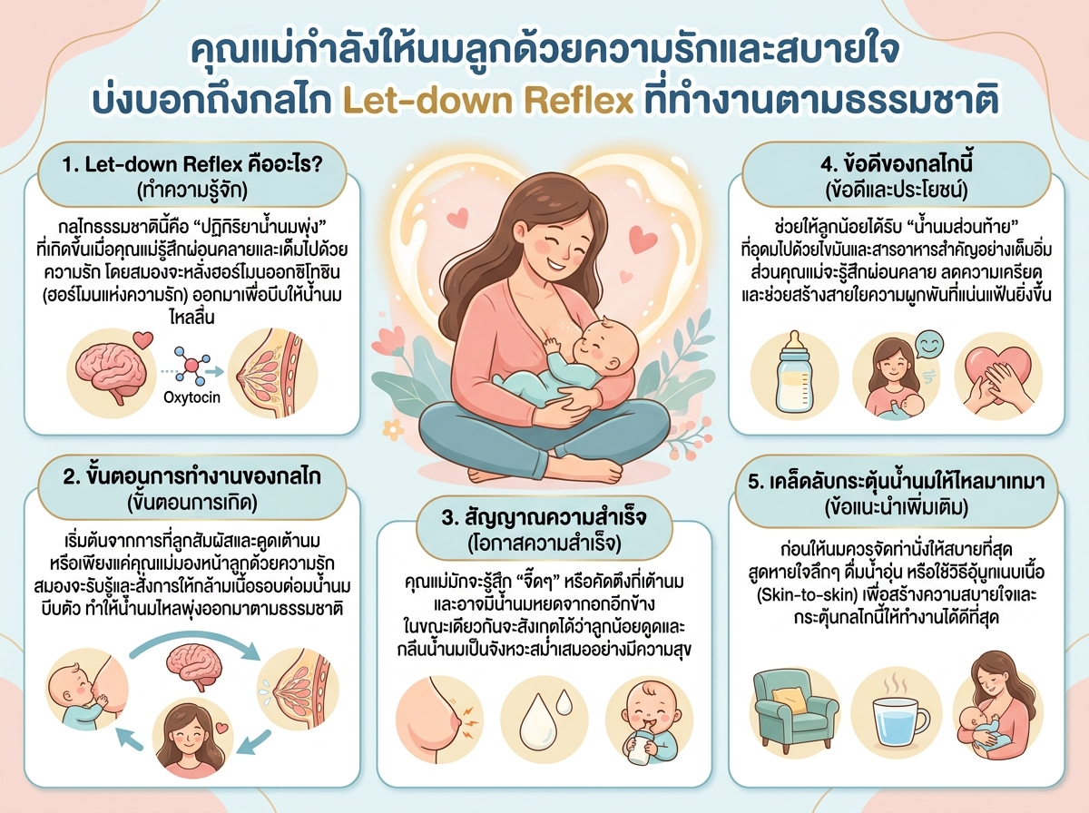 คุณแม่กำลังให้นมลูกด้วยความรักและสบายใจ บ่งบอกถึงกลไก Let-down Reflex ที่ทำงานตามธรรมชาติ