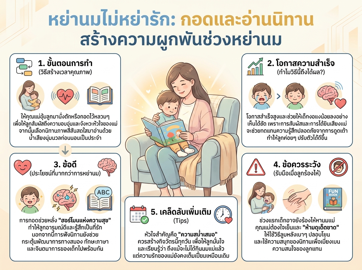 แม่กำลังกอดและอ่านนิทานให้ลูกฟังเพื่อสร้างความผูกพันในช่วงหย่านม