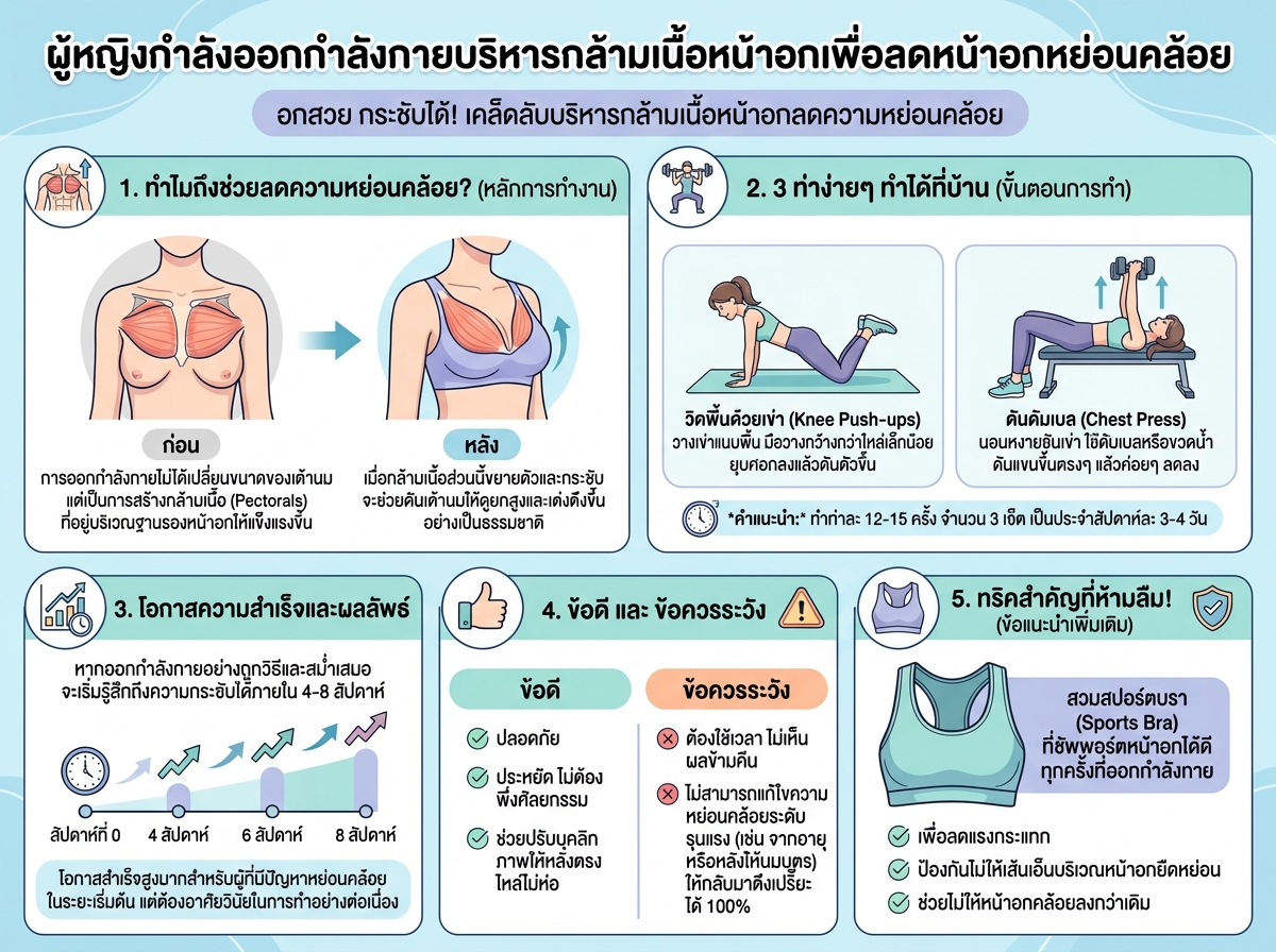 ผู้หญิงกำลังออกกำลังกายบริหารกล้ามเนื้อหน้าอกเพื่อลดหน้าอกหย่อนคล้อย