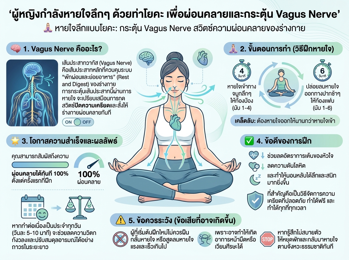 ผู้หญิงกำลังหายใจลึกๆ ด้วยท่าโยคะ เพื่อผ่อนคลายและกระตุ้น Vagus Nerve