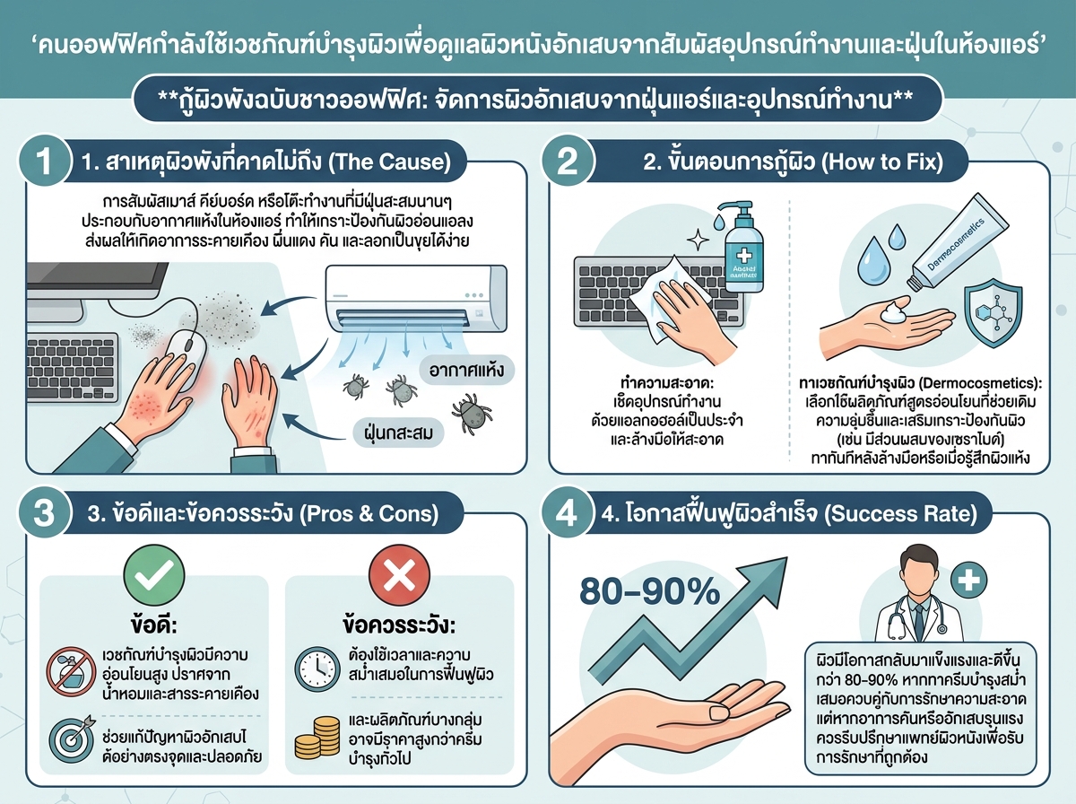 คนออฟฟิศกำลังใช้เวชภัณฑ์บำรุงผิวเพื่อดูแลผิวหนังอักเสบจากสัมผัสอุปกรณ์ทำงานและฝุ่นในห้องแอร์