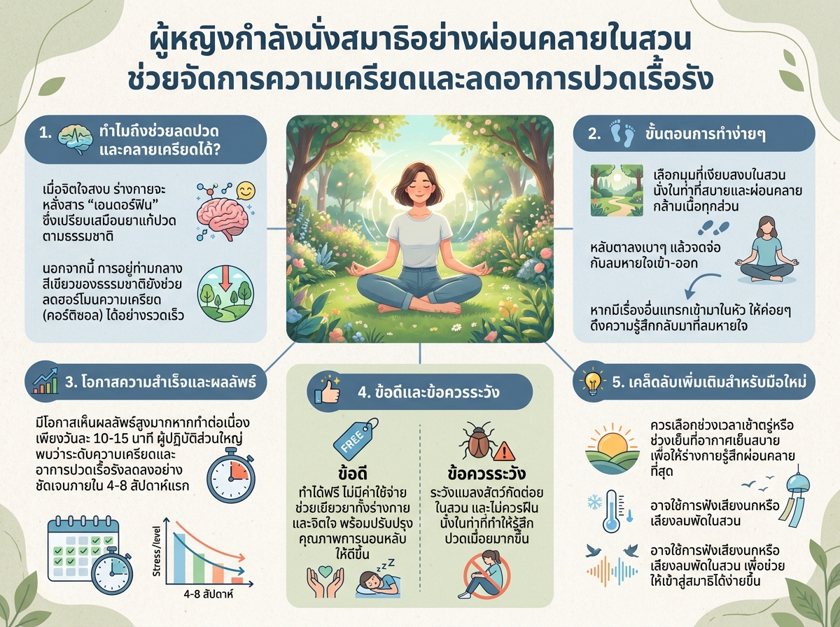 ผู้หญิงกำลังนั่งสมาธิอย่างผ่อนคลายในสวน ช่วยจัดการความเครียดและลดอาการปวดเรื้อรัง