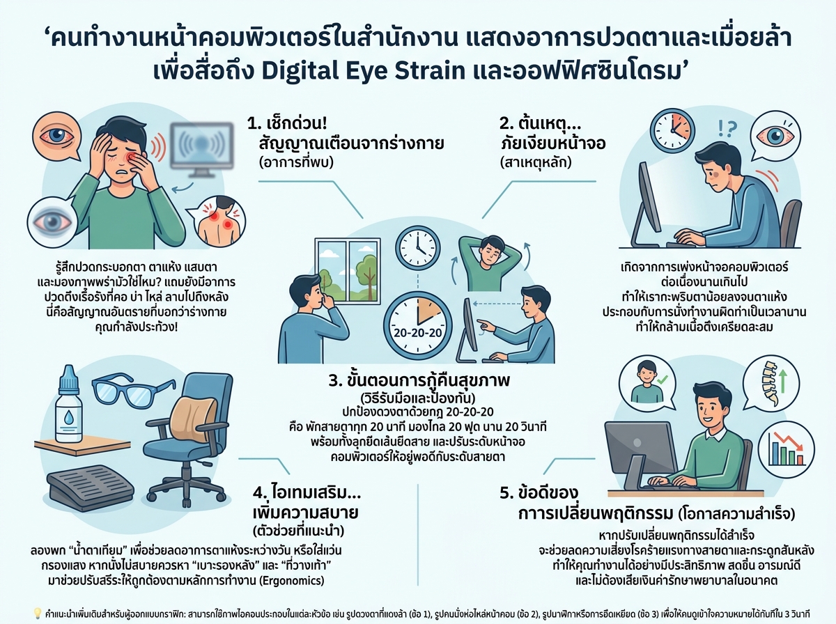 คนทำงานหน้าคอมพิวเตอร์ในสำนักงาน แสดงอาการปวดตาและเมื่อยล้า เพื่อสื่อถึง Digital Eye Strain และออฟฟิศซินโดรม