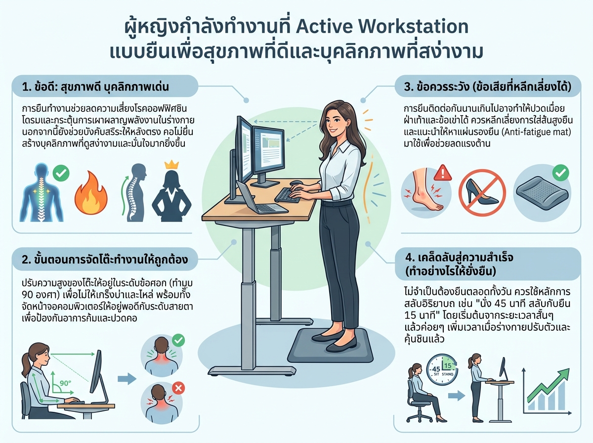 ผู้หญิงกำลังทำงานที่ Active Workstation แบบยืนเพื่อสุขภาพที่ดีและบุคลิกภาพที่สง่างาม