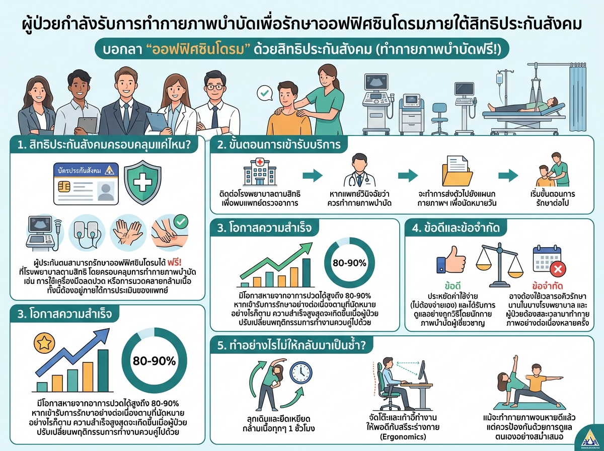 ผู้ป่วยกำลังรับการทำกายภาพบำบัดเพื่อรักษาออฟฟิศซินโดรมภายใต้สิทธิประกันสังคม
