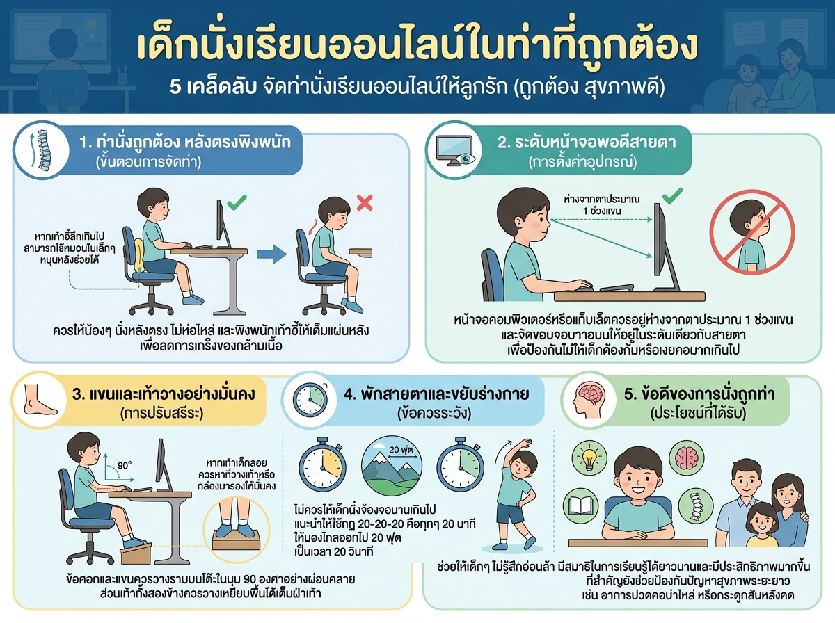เด็กนั่งเรียนออนไลน์ในท่าที่ถูกต้อง