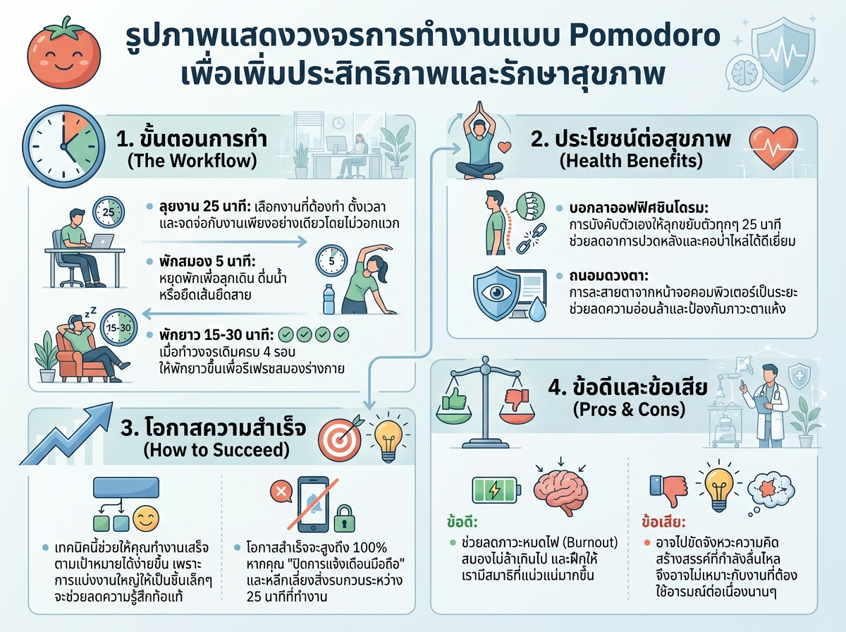 รูปภาพแสดงวงจรการทำงานแบบ Pomodoro เพื่อเพิ่มประสิทธิภาพและรักษาสุขภาพ