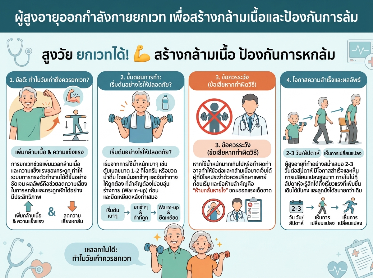 ผู้สูงอายุออกกำลังกายยกเวท เพื่อสร้างกล้ามเนื้อและป้องกันการล้ม