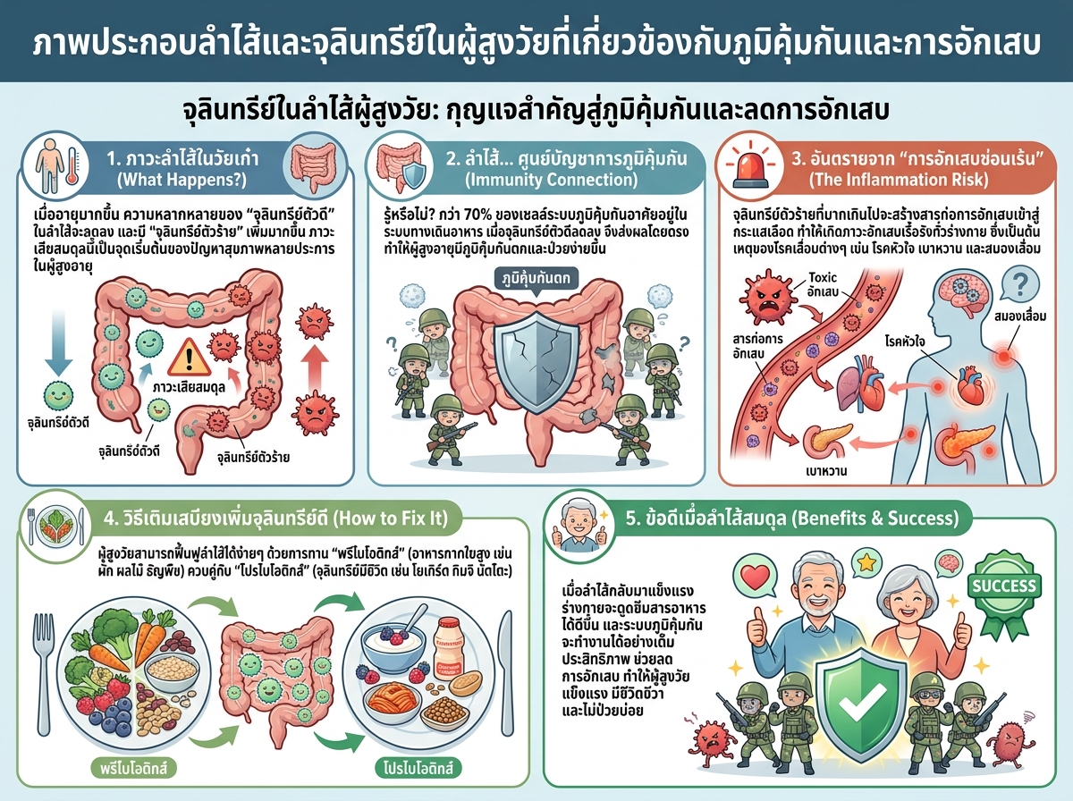 ภาพประกอบลำไส้และจุลินทรีย์ในผู้สูงวัยที่เกี่ยวข้องกับภูมิคุ้มกันและการอักเสบ
