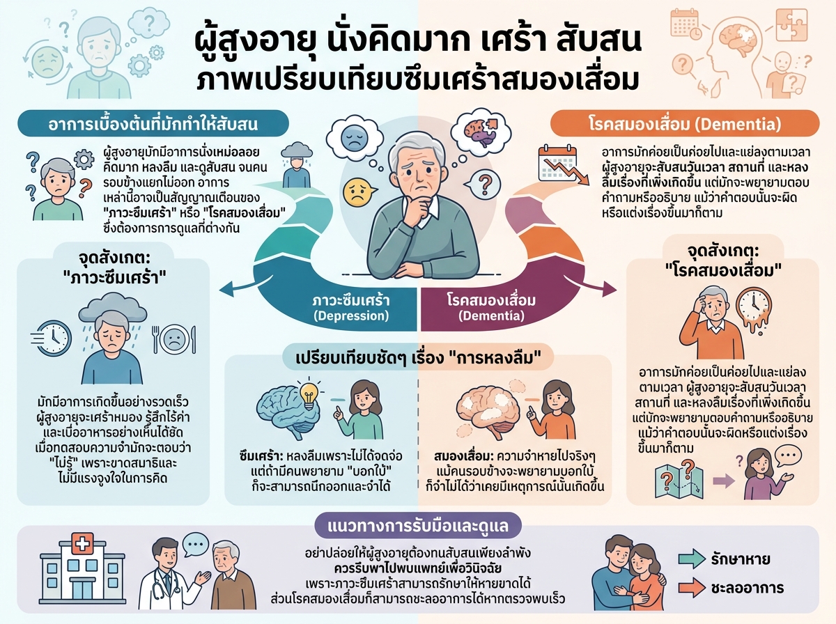ผู้สูงอายุ นั่งคิดมาก เศร้า สับสน ภาพเปรียบเทียบซึมเศร้าสมองเสื่อม