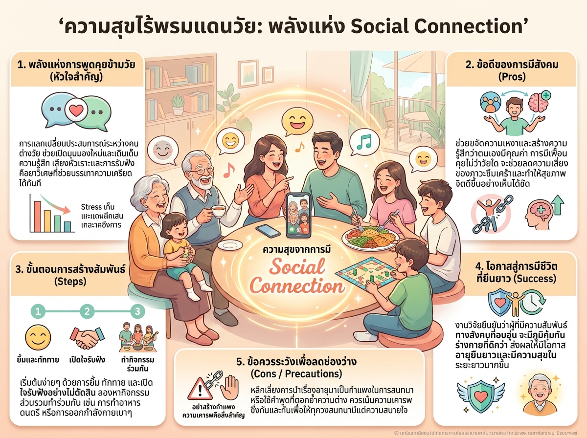 คนหลากหลายวัยกำลังพูดคุยและหัวเราะร่วมกัน สื่อถึงความสุขจากการมี Social Connection