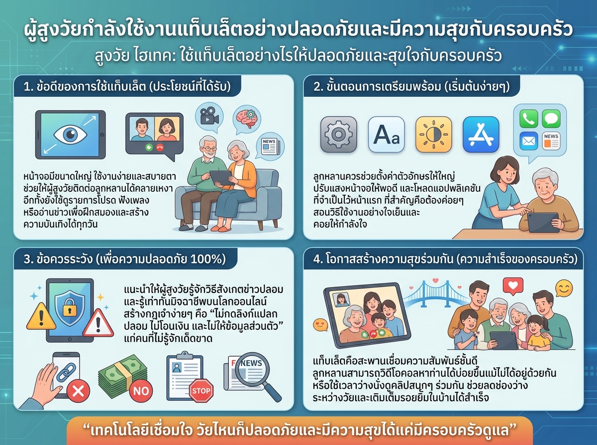ผู้สูงวัยกำลังใช้งานแท็บเล็ตอย่างปลอดภัยและมีความสุขกับครอบครัว