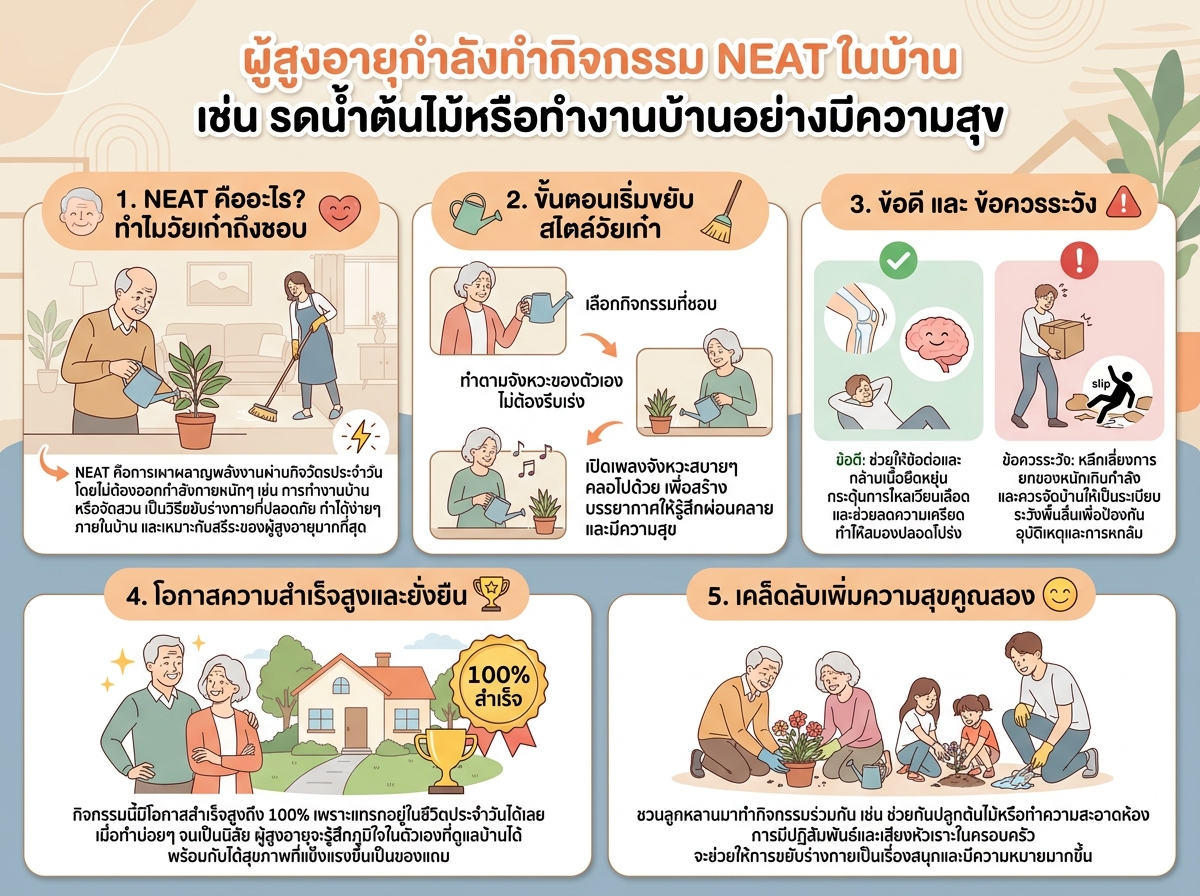 ผู้สูงอายุกำลังทำกิจกรรม NEAT ในบ้าน เช่น รดน้ำต้นไม้หรือทำงานบ้านอย่างมีความสุข