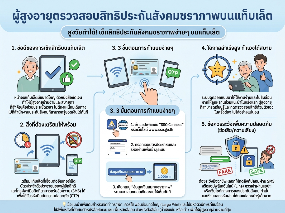 ผู้สูงอายุตรวจสอบสิทธิประกันสังคมชราภาพบนแท็บเล็ต