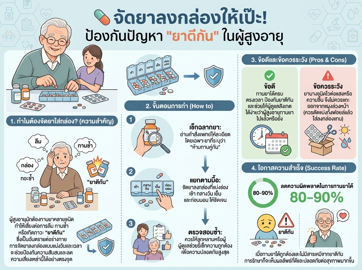 ผู้สูงอายุกำลังจัดยาลงในกล่องใส่ยาเพื่อป้องกันยาตีกัน