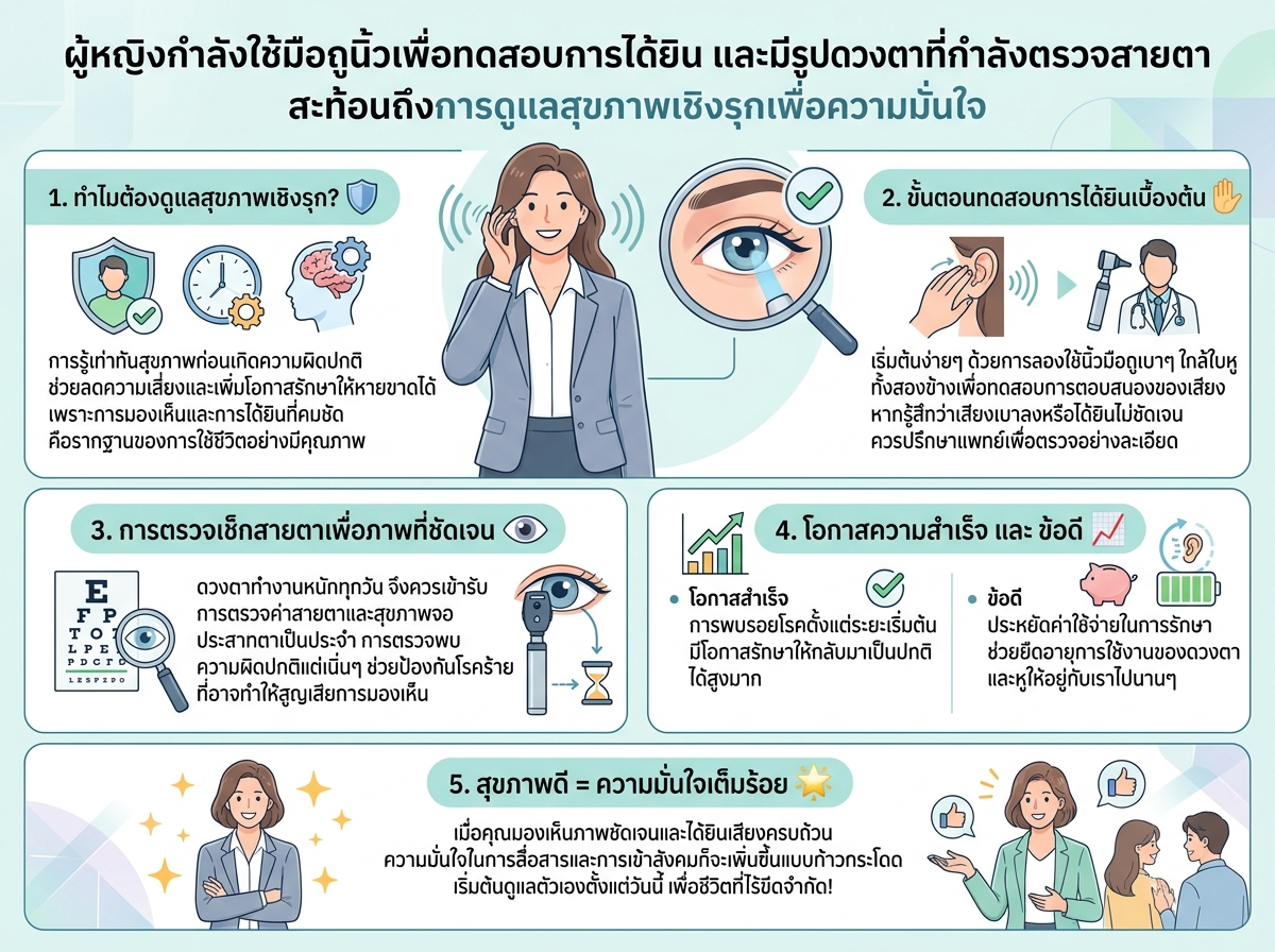 ผู้หญิงกำลังใช้มือถูนิ้วเพื่อทดสอบการได้ยิน และมีรูปดวงตาที่กำลังตรวจสายตา สะท้อนถึงการดูแลสุขภาพเชิงรุกเพื่อความมั่นใจ