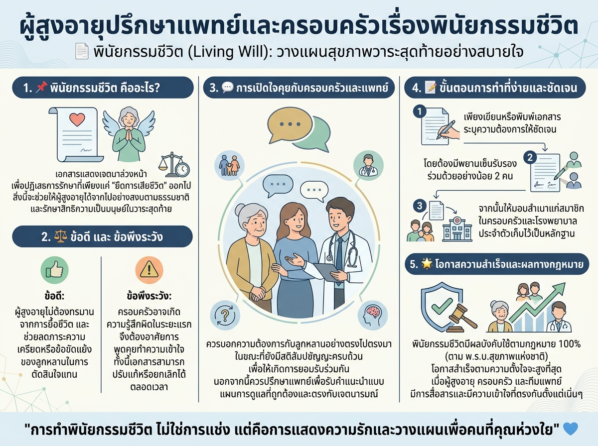 ผู้สูงอายุปรึกษาแพทย์และครอบครัวเรื่องพินัยกรรมชีวิต