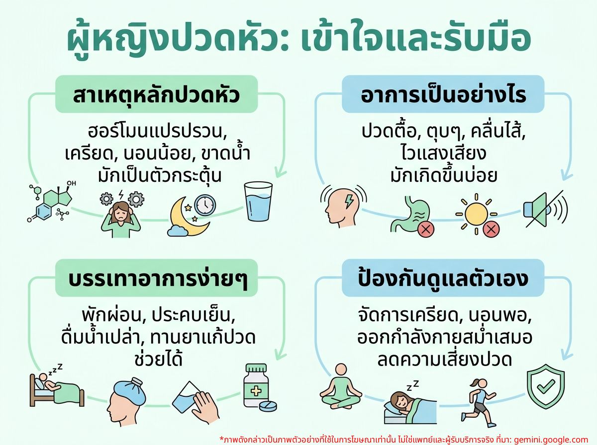ผู้หญิงปวดหัวกำลังใช้มือจับศีรษะ
