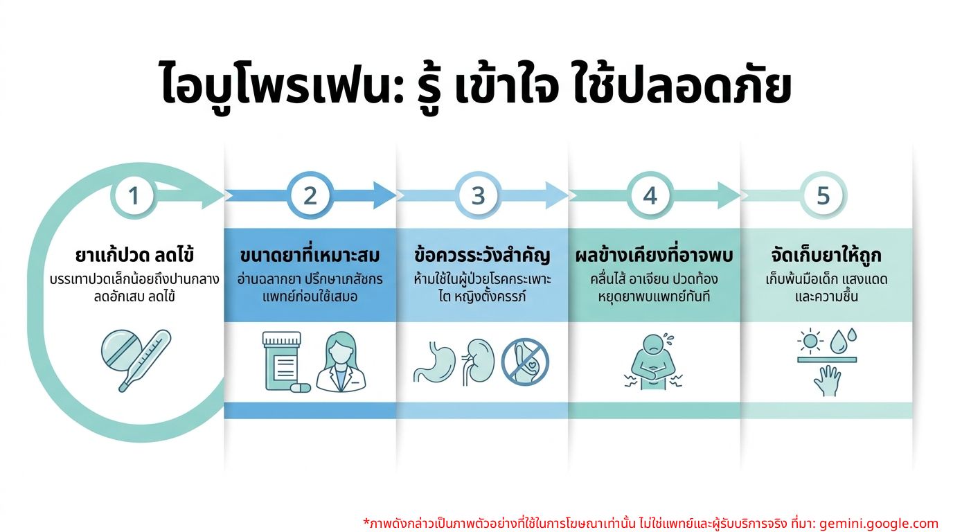 อินโฟกราฟิกแสดงข้อควรรู้เกี่ยวกับการใช้ยาไอบูโพรเฟนอย่างเข้าใจและปลอดภัย