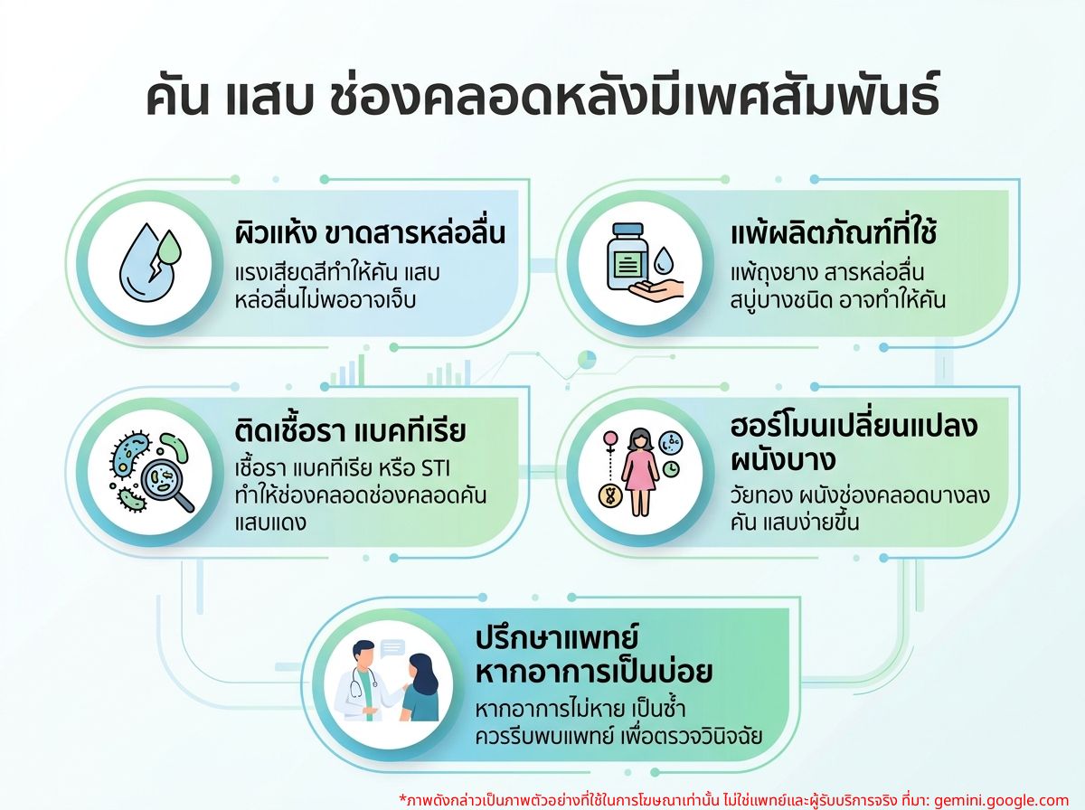 ผู้หญิงมีอาการคันและแสบร้อนช่องคลอดหลังมีเพศสัมพันธ์