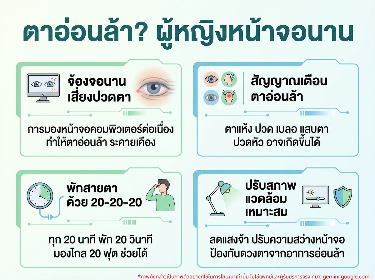 ผู้หญิงทำงานหน้าคอมพิวเตอร์เป็นเวลานานและมีอาการปวดตา
