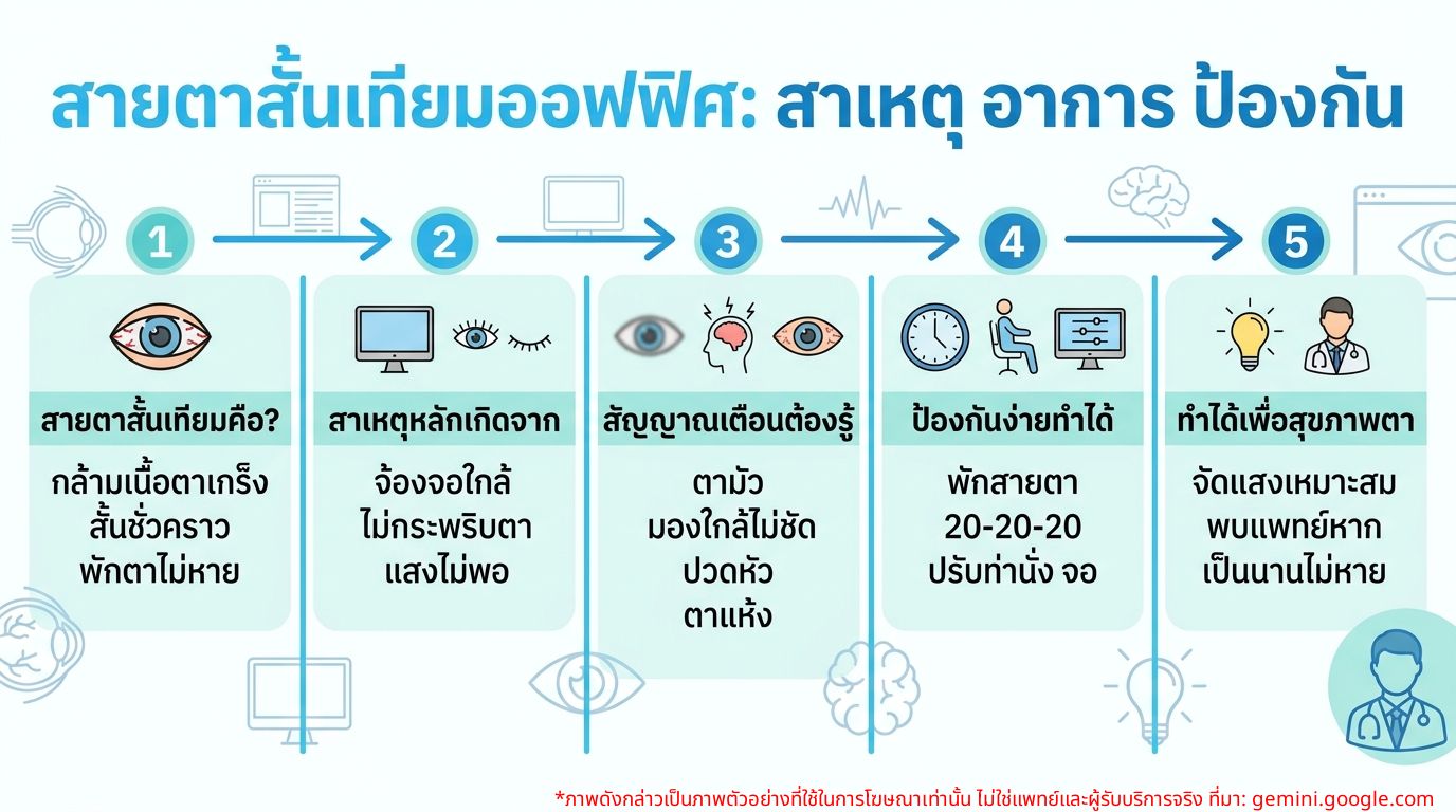 อินโฟกราฟิกสาเหตุและอาการของสายตาสั้นเทียมจากออฟฟิศซินโดรม พร้อมวิธีป้องกัน