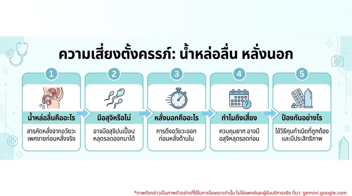 อินโฟกราฟิกแสดงความเสี่ยงการตั้งครรภ์จากน้ำหล่อลื่นและการหลั่งนอก