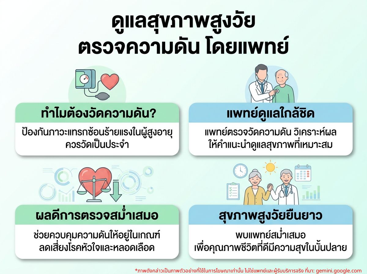 ผู้สูงอายุกำลังถูกวัดความดันและดูแลโดยแพทย์